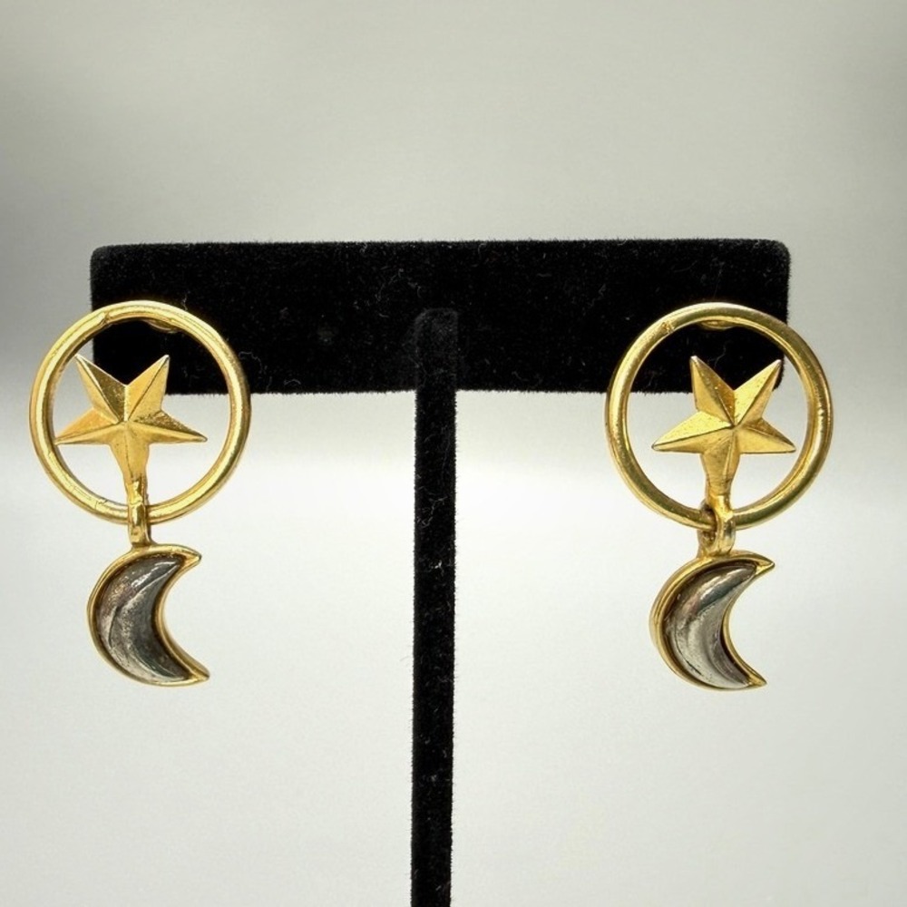 Moon and Star Dangle Earrings Articulating Celestial Gold Tone Mixed Metal 1.5"